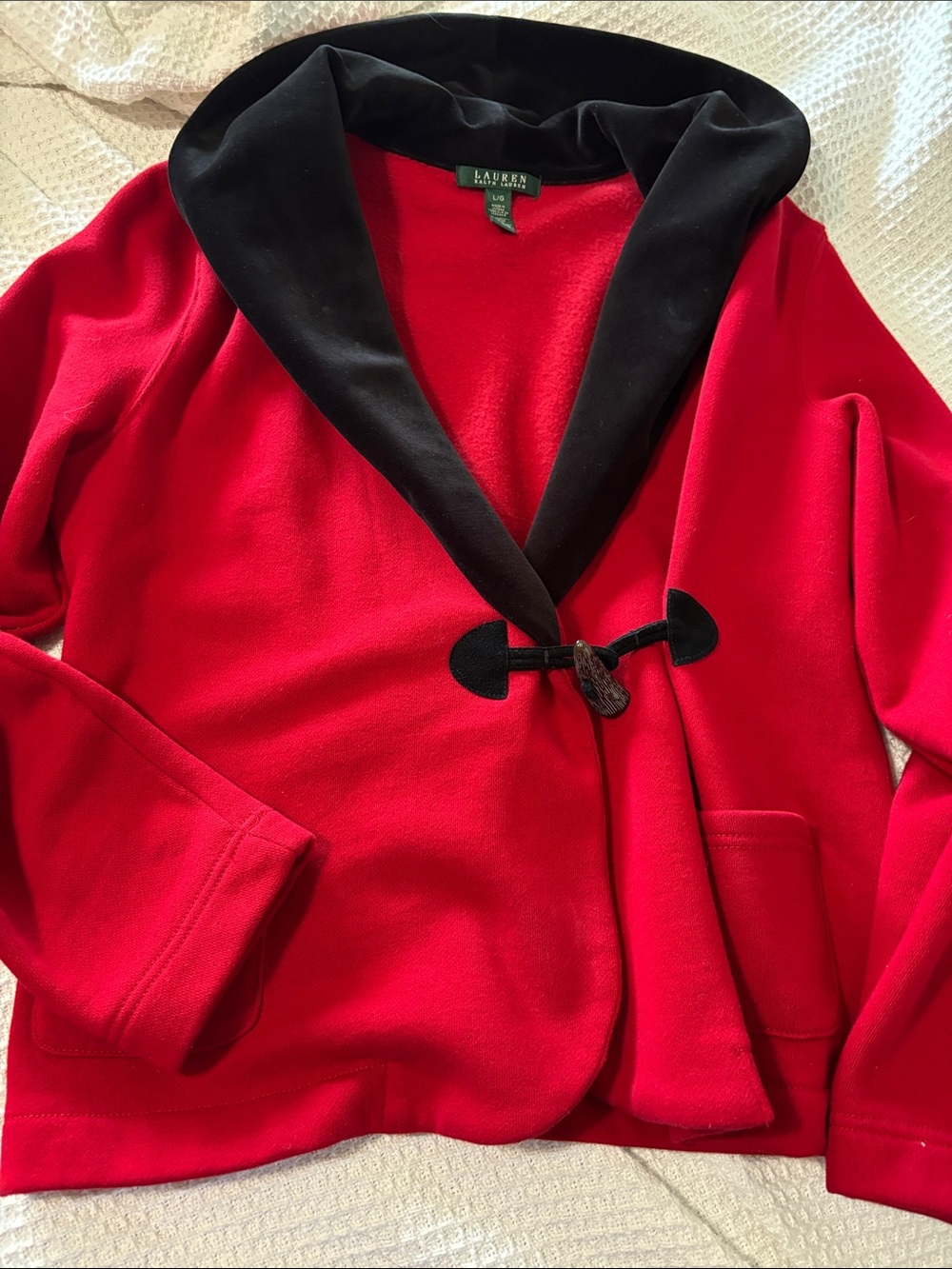 Lauren Ralph Red And Black Velvet Collar Toggle Fleece Blazer Jacket Large